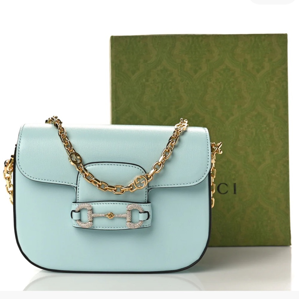 GUCCI Azalea Calfskin Crystal GG Monogram Mini Horsebit 1955 Bag